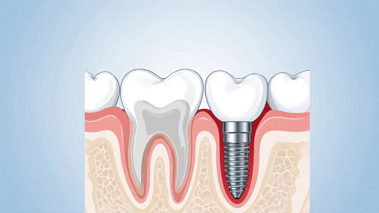 Řez čelistí s resorpcí kosti kolem chybějícího zubu a vkládáním implantátu.
