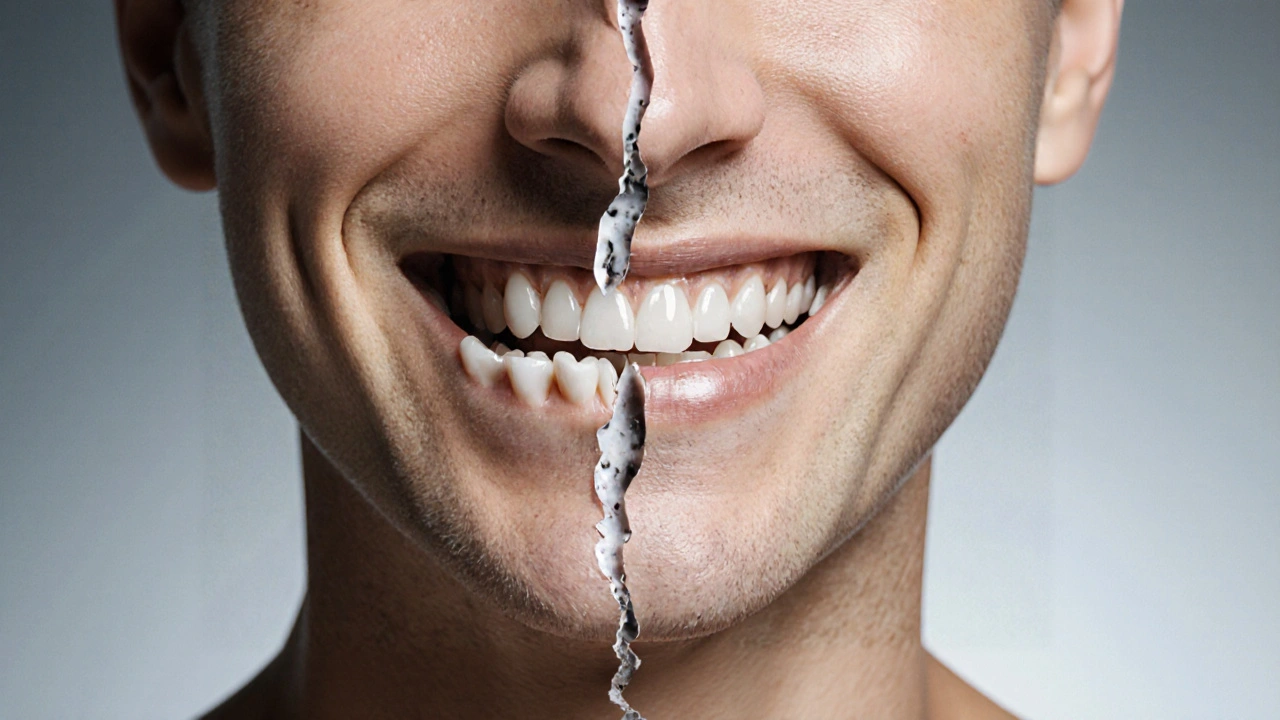 Rozdělený úsměv: zlomený zub na jedné straně, dokonalá korunka na druhé.