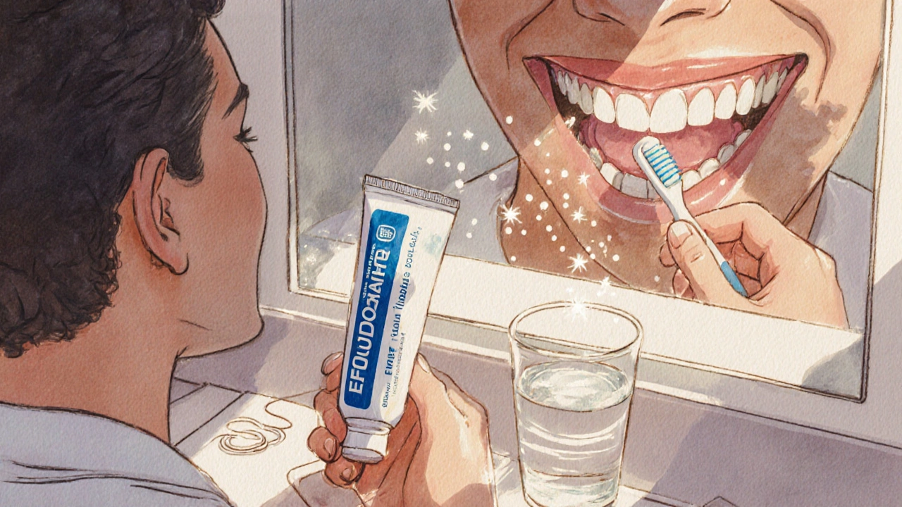 Ruce drží fluoridovou pastu a zubní nitě v koupelně s odrazem v zrcadle.