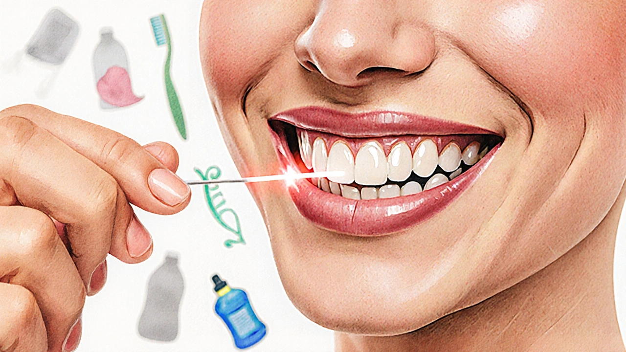 Ruka používá zubní nit k odstranění plaku mezi zuby.