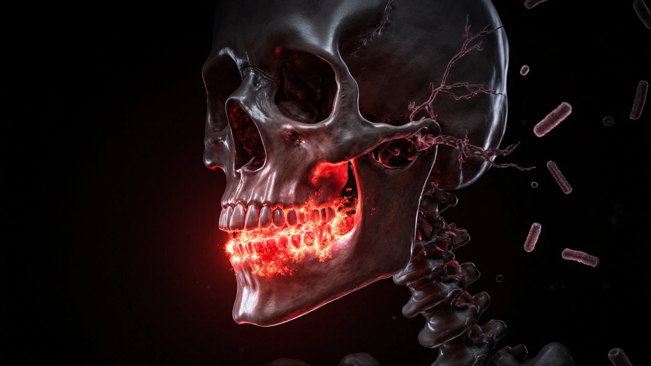Schematický obraz čelisti s šířící se infekcí z místa vytaženého zubu.