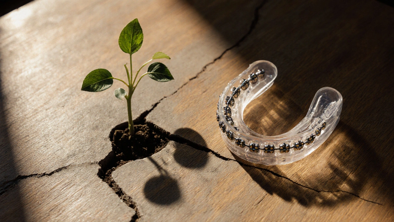 Staré kovové rovnátka vedle moderního průhledného zařízení na stole.