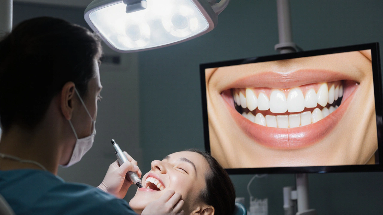 Stomatolog čistí zuby pacientovi v klinice, odstraňuje zubní kámen.