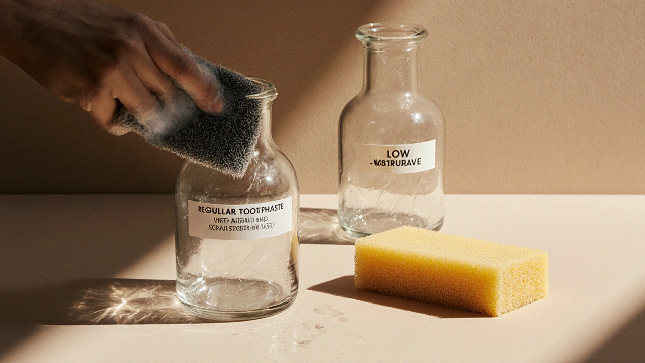 Symbolická scéna: křehký váza s keramickou onlay poškozená kartáčkem, zatímco jiná zůstává nepoškozená.