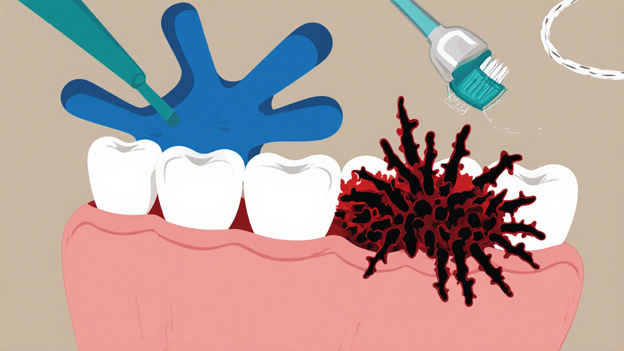 Symbolický obraz boje mezi bakteriemi uvnitř úst s ochrannými nástroji jako štětec a nit
