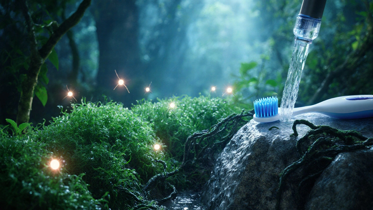 Symbolický obraz zdravých dásní jako lesa, který je jemně čištěn proužkem vody z ústní sprchy.