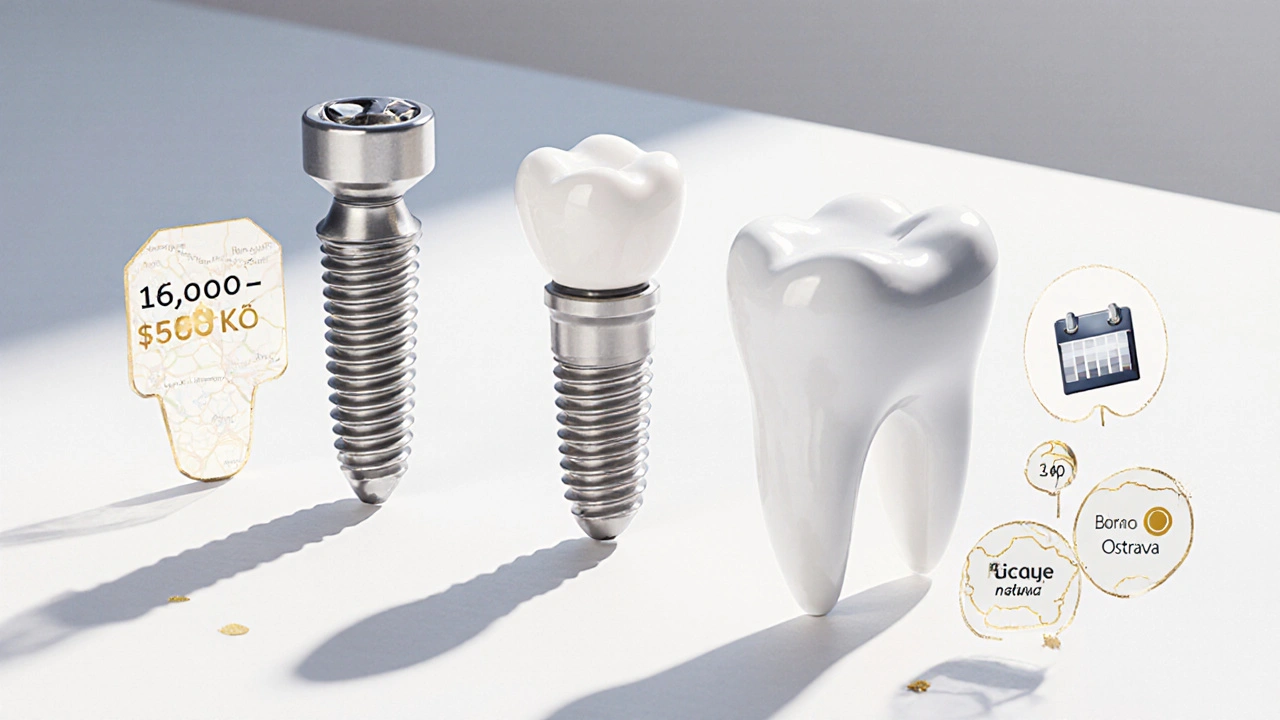 Three dental implant components — screw, abutment, and crown — displayed with cost and location indicators.