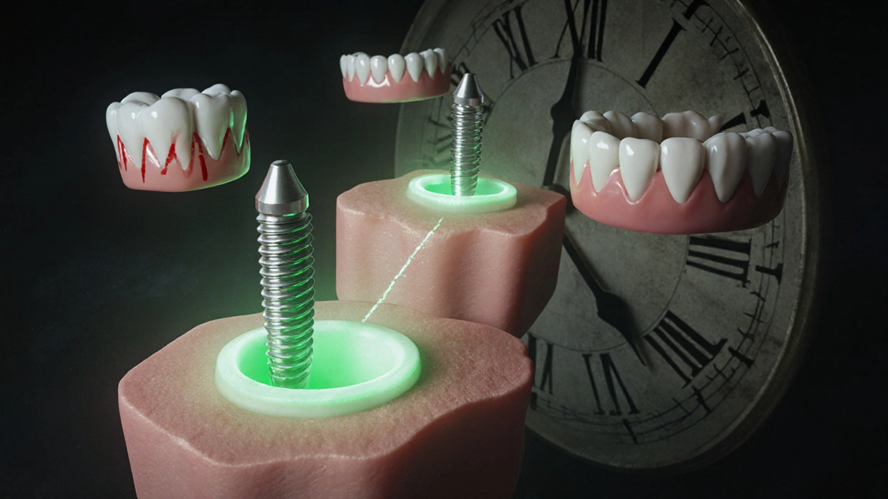 Tři možnosti náhrady zubu: implantát, most a protéza, znázorněné jako cesty z prázdného místa.