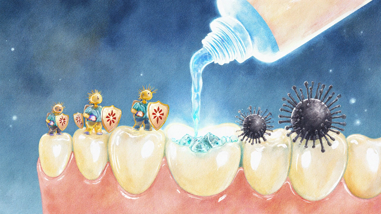 Umělecká ilustrace boje mezi užitečnými a škodlivými bakteriemi na zubu s fluoridovým gelovým proudem