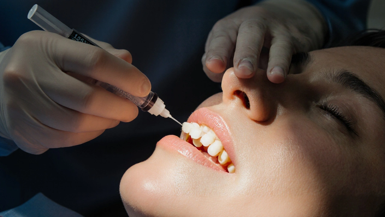 Zubař připevňuje kompozitní onlay na zub během léčebné návštěvy