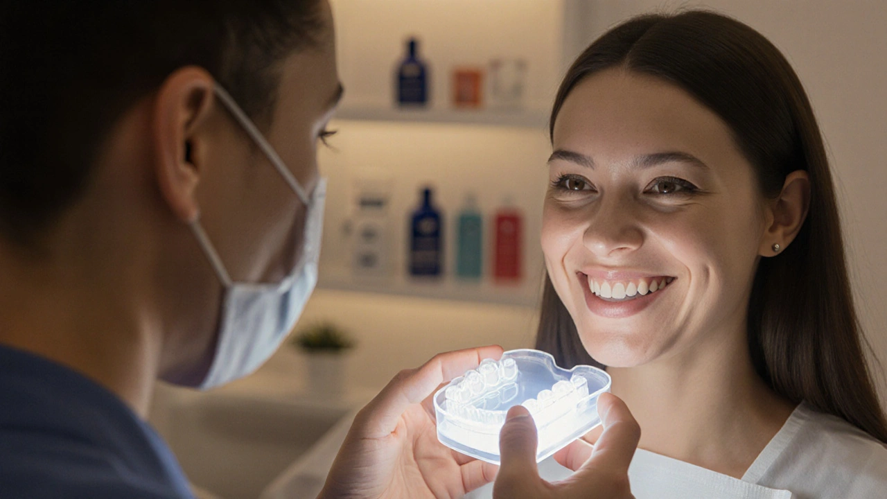 Zubní lékař drží přizpůsobenou nápravku pro bělení zubů, pacient se usmívá s jemným zářením kolem gelu.