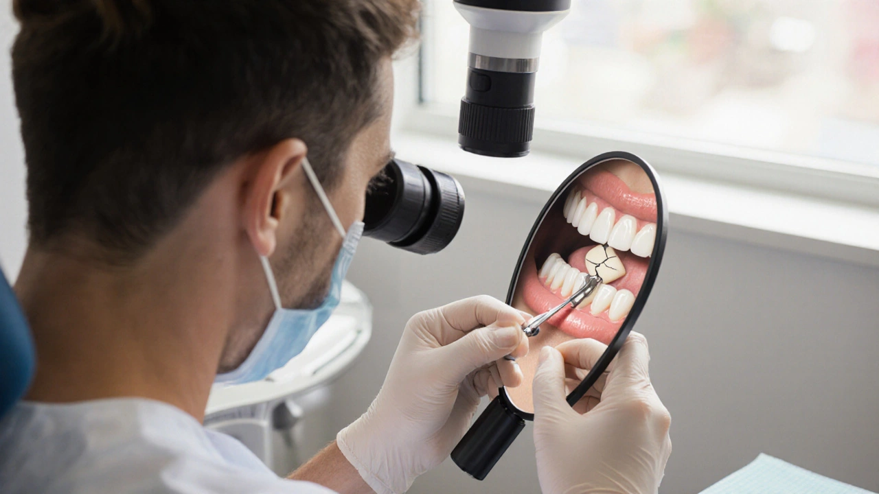 Zubní lékař používá mikroskop k opravě zlomeného předního zubu.