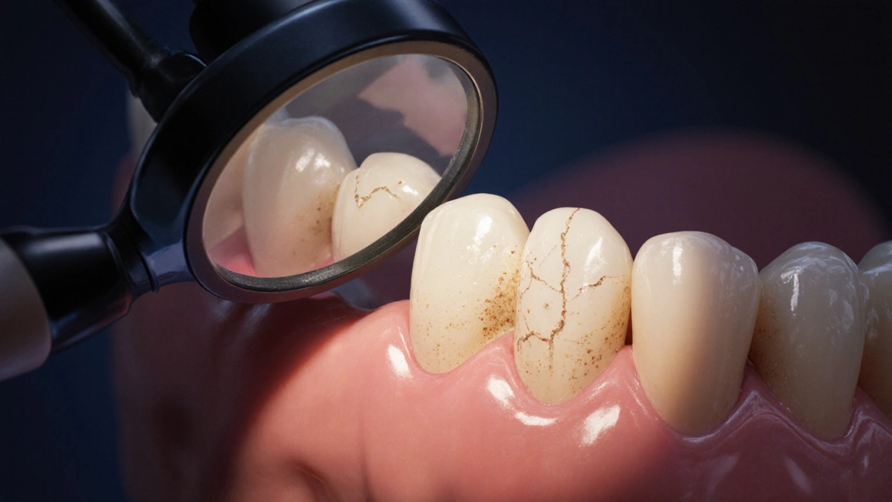 Zubní lékař prohledává fazetu pod zvětšovací lampou, viditelné mikrotrhliny.