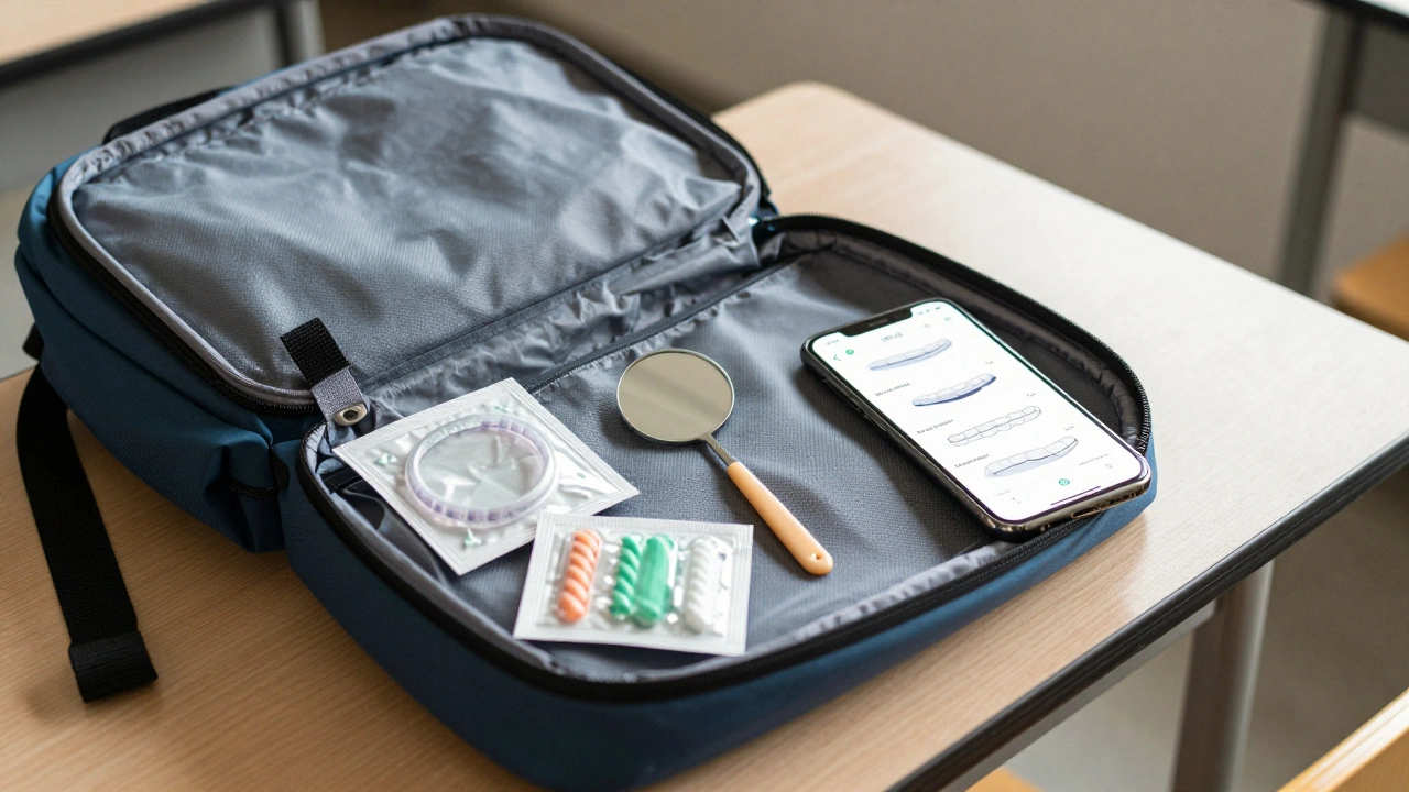 Batoh s náhradními gumičkami, voskem a zrcátkem na školních stolech.