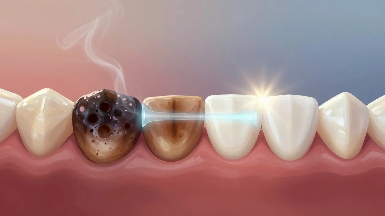 Before and after comparison of stained teeth turning white with laser light.