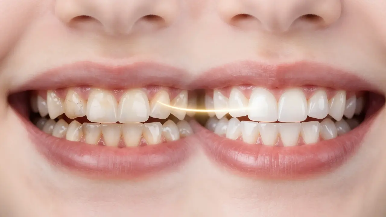 Before-and-after view of teeth transformed from stained and uneven to perfect smile.