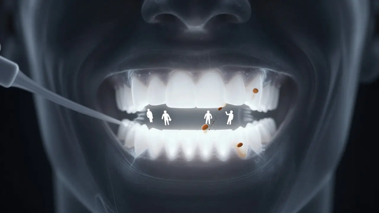 Bílý úsměv s mezizubními kartáčky odstraňujícími skvrny z jídla a nápojů.