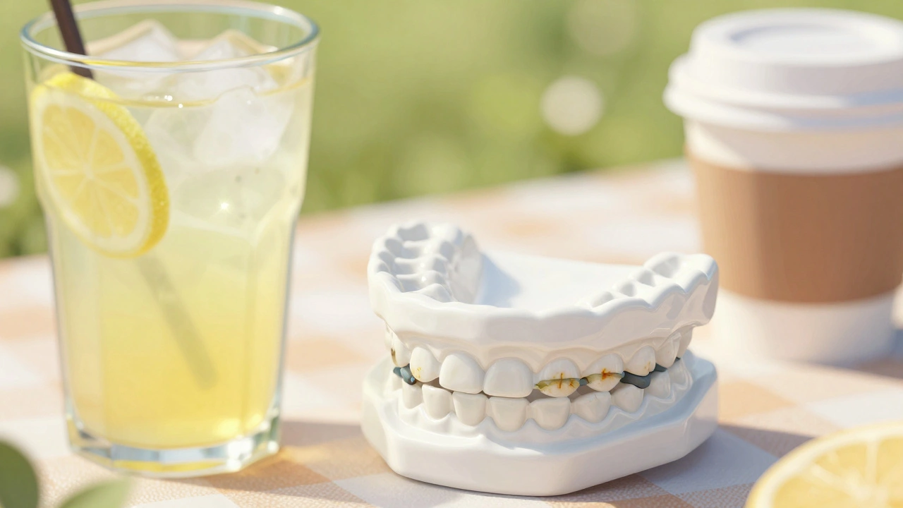 Blízký pohled na keramické rovnátko vedle limonády a kávy, s barvou pouze na gumových vazbách.