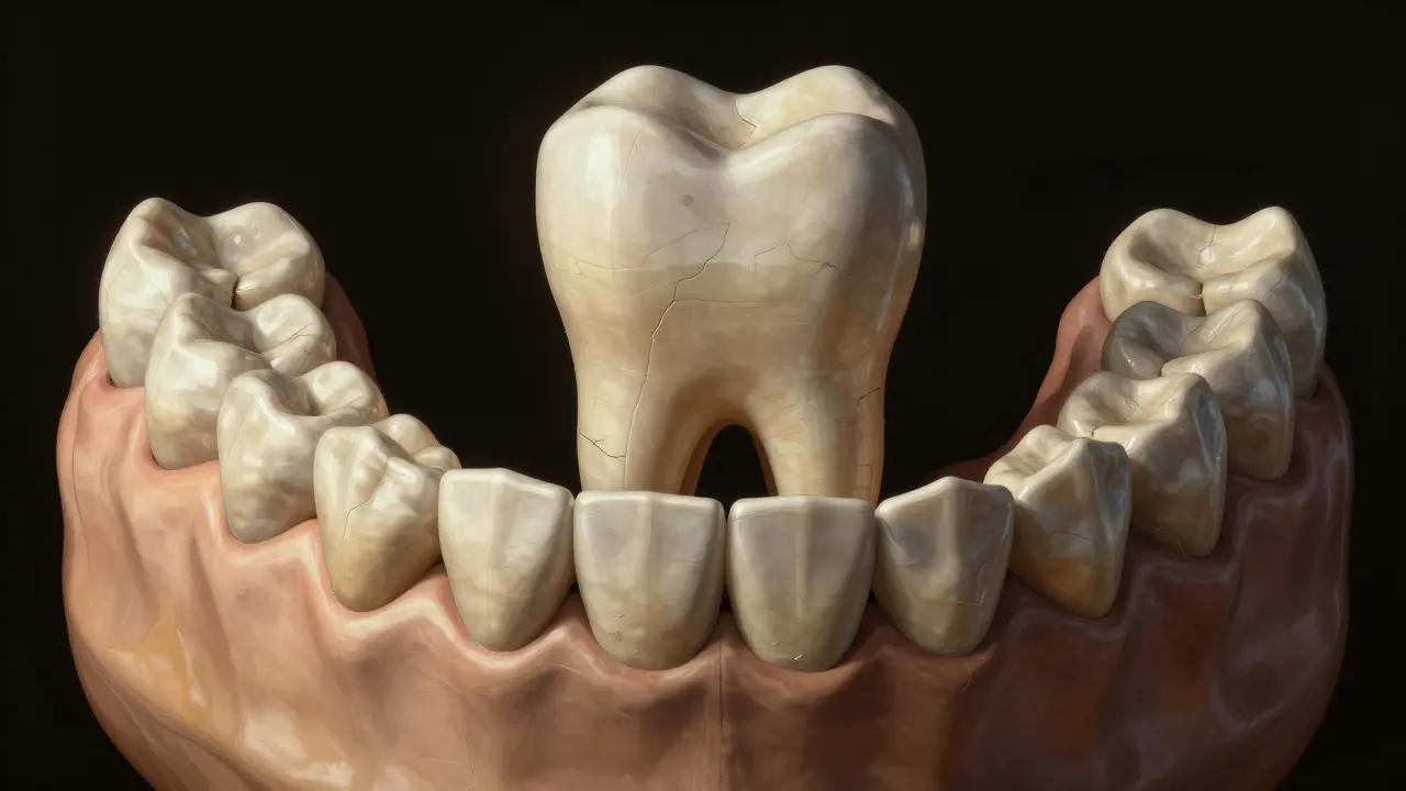 Čelist s křivě se přesouvajícími zuby po ztrátě prvního moláru.