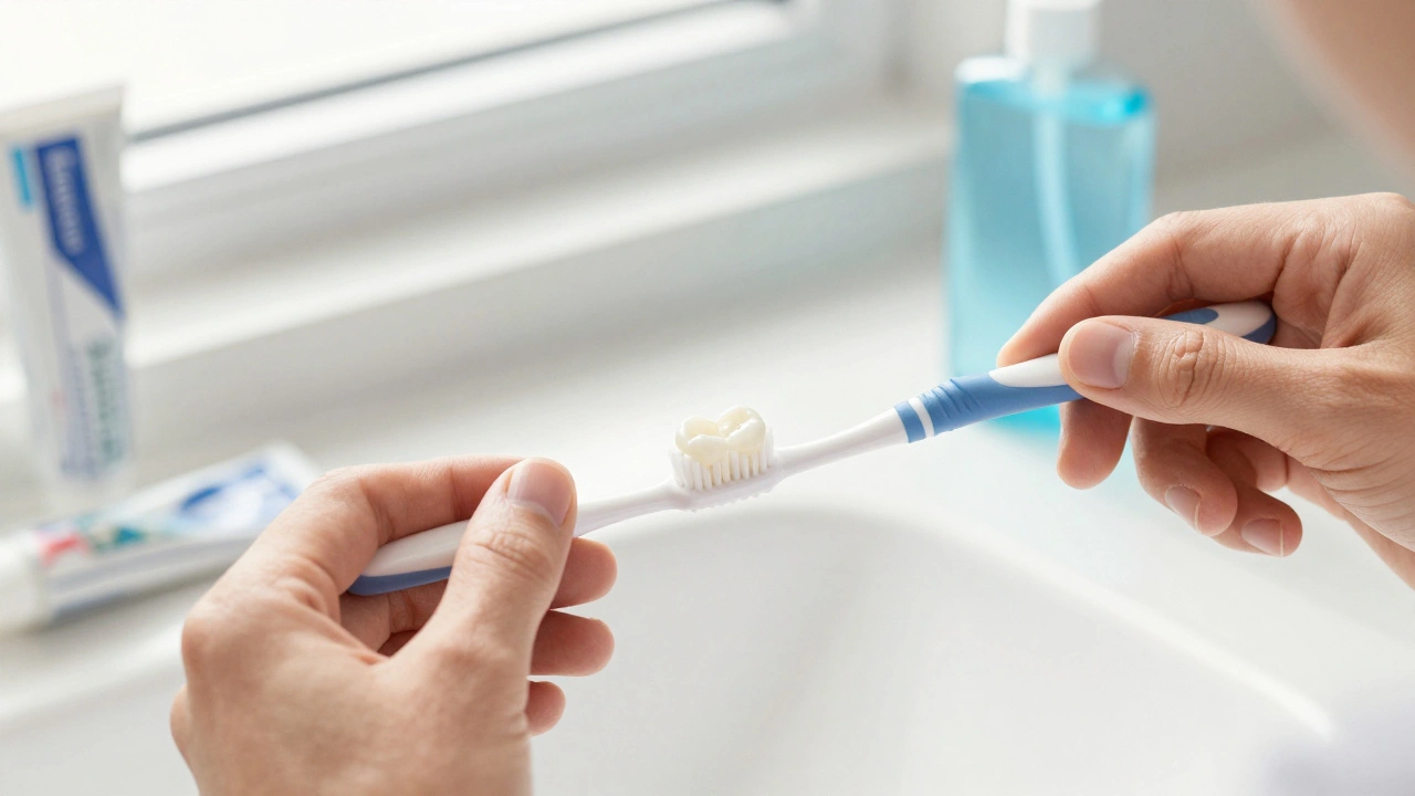 Čištění mezizubních prostorů mezi přirozeným zubem a fazetou jemným kartáčkem.