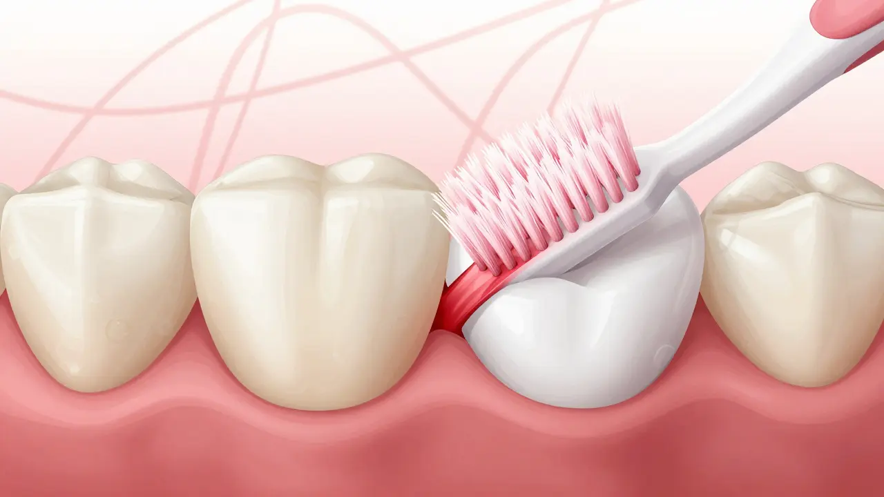 Dentalní pohled na čištění mezery mezi zuby jemnými štětinami Curaprox