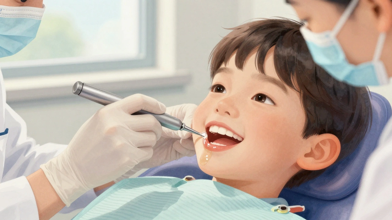 Dětský zubní lékař aplikuje sealant na trvalý molár v klinice.