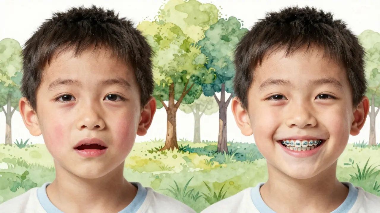 Dítě v přechodu od chybějících zubů k náhradě v ortodontickém zařízení s úsměvem.