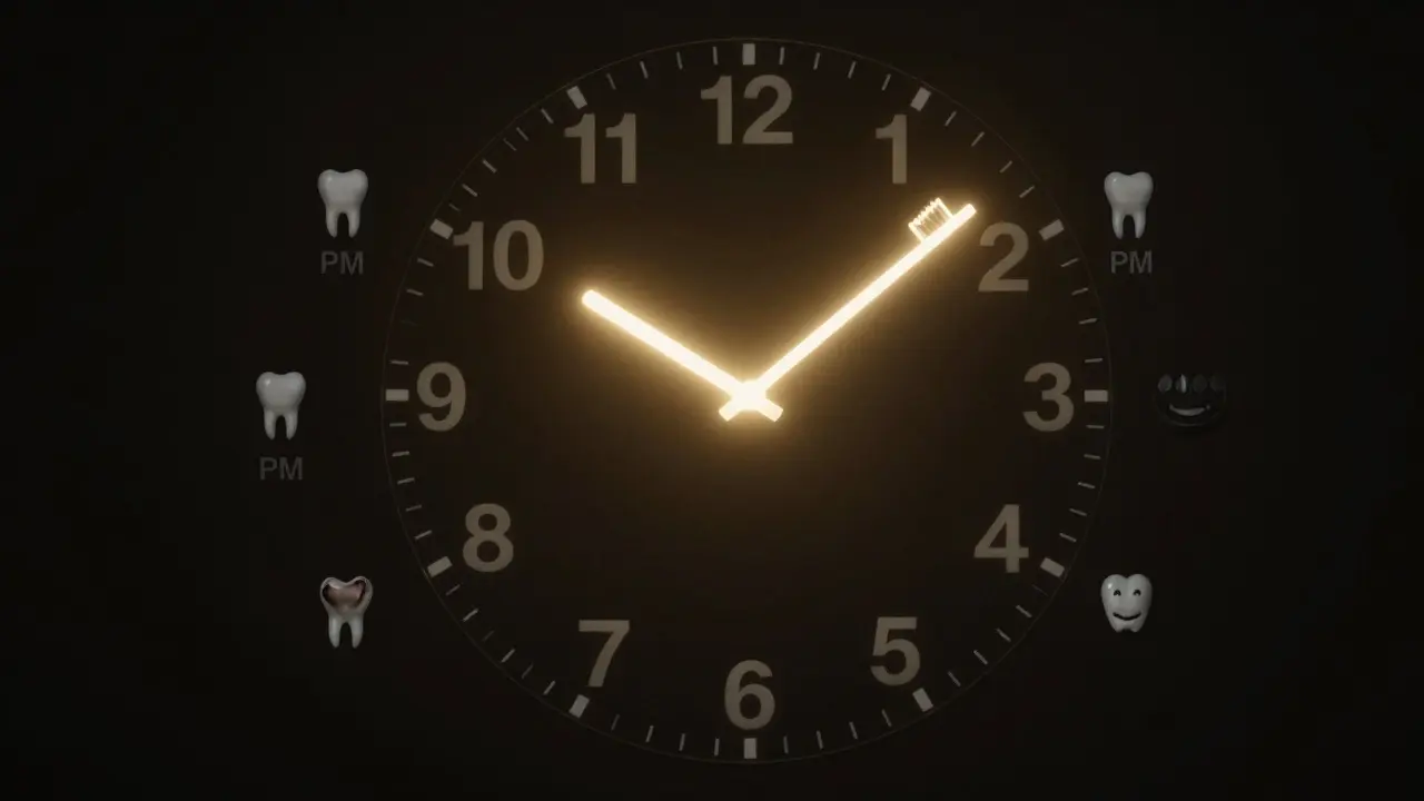 Hodiny s mezizubními kartáčky, nejjasnější večer jako klíčový čas hygieny.