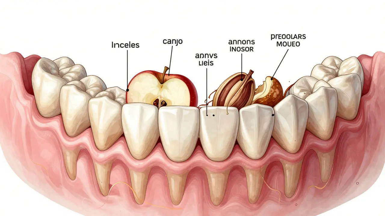 Ilustrace čelisti ukazující, jak různé typy zubů spolupracují při žvýkání potravy.