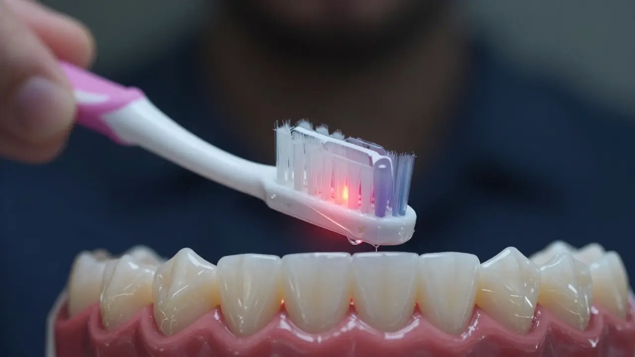 Kartáček čistí drtiče s vrstvou zákrytu, zatímco bakterie zůstávají v drážkách.