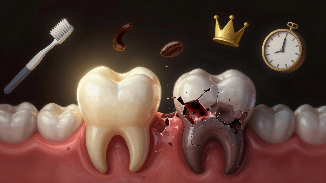 Koncepční obrázek kompozitní plomby jako mostu mezi zdravým zubem a kávou, s symboly péče a času.