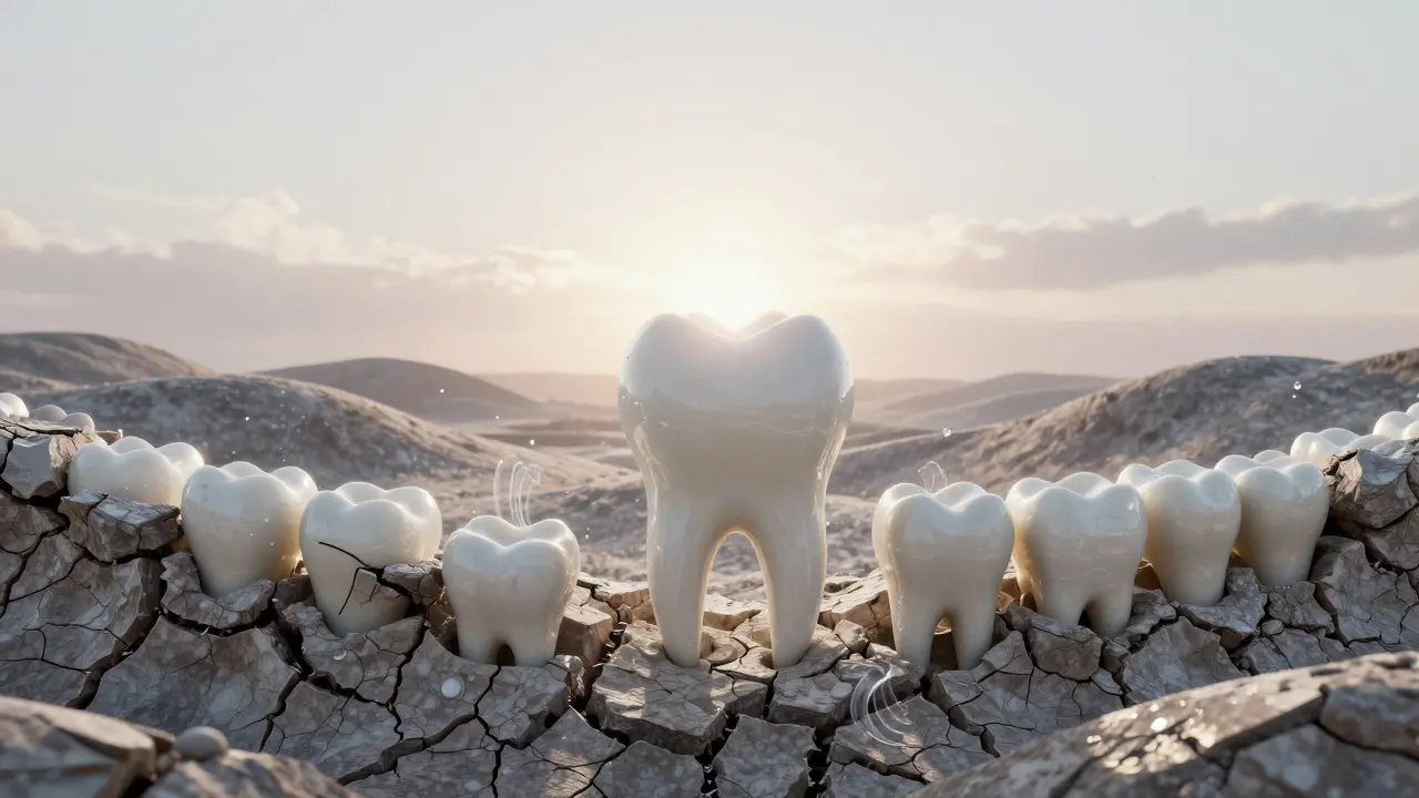 Konceptuální znázornění zdravých dásní a zubního kamene jako krajiny.