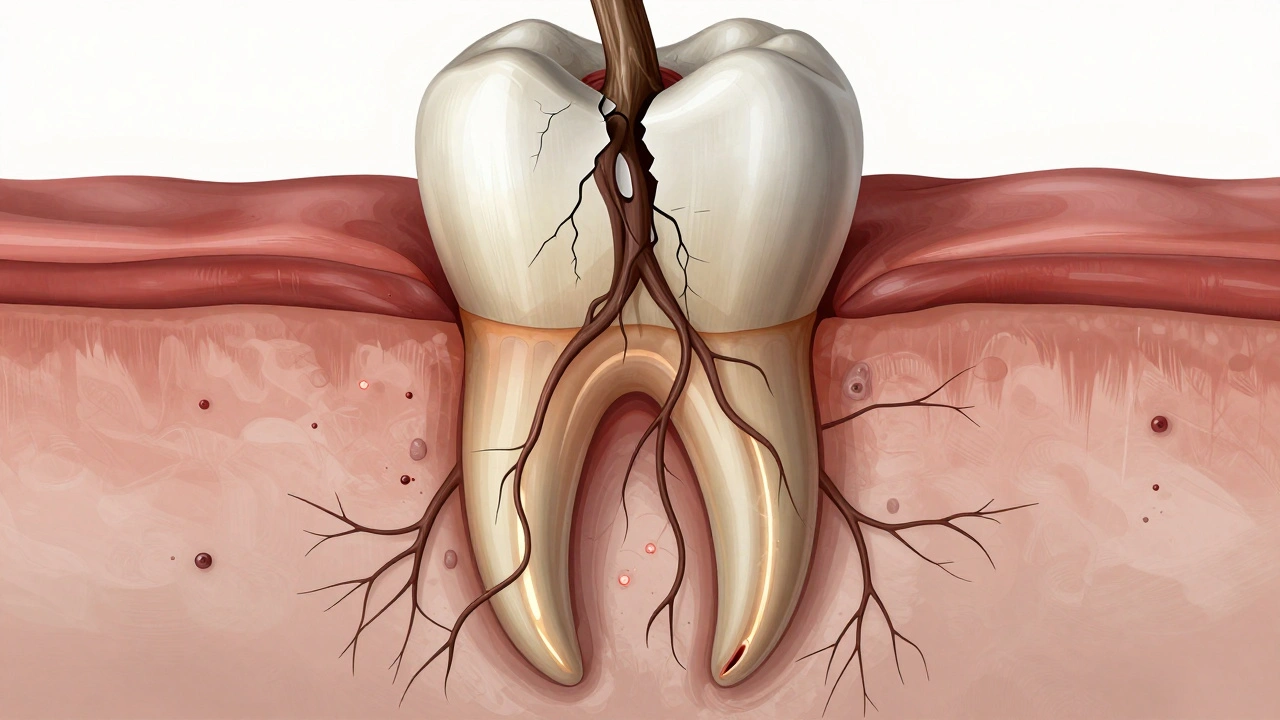 Kořen zubu jako prasklý kmen stromu s infekcí šířící se do kosti.