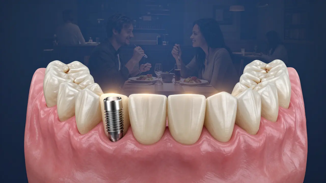 Kostní implantát s vytvořenou kostí a zdravými dásněmi s pozadím společenského jídla.