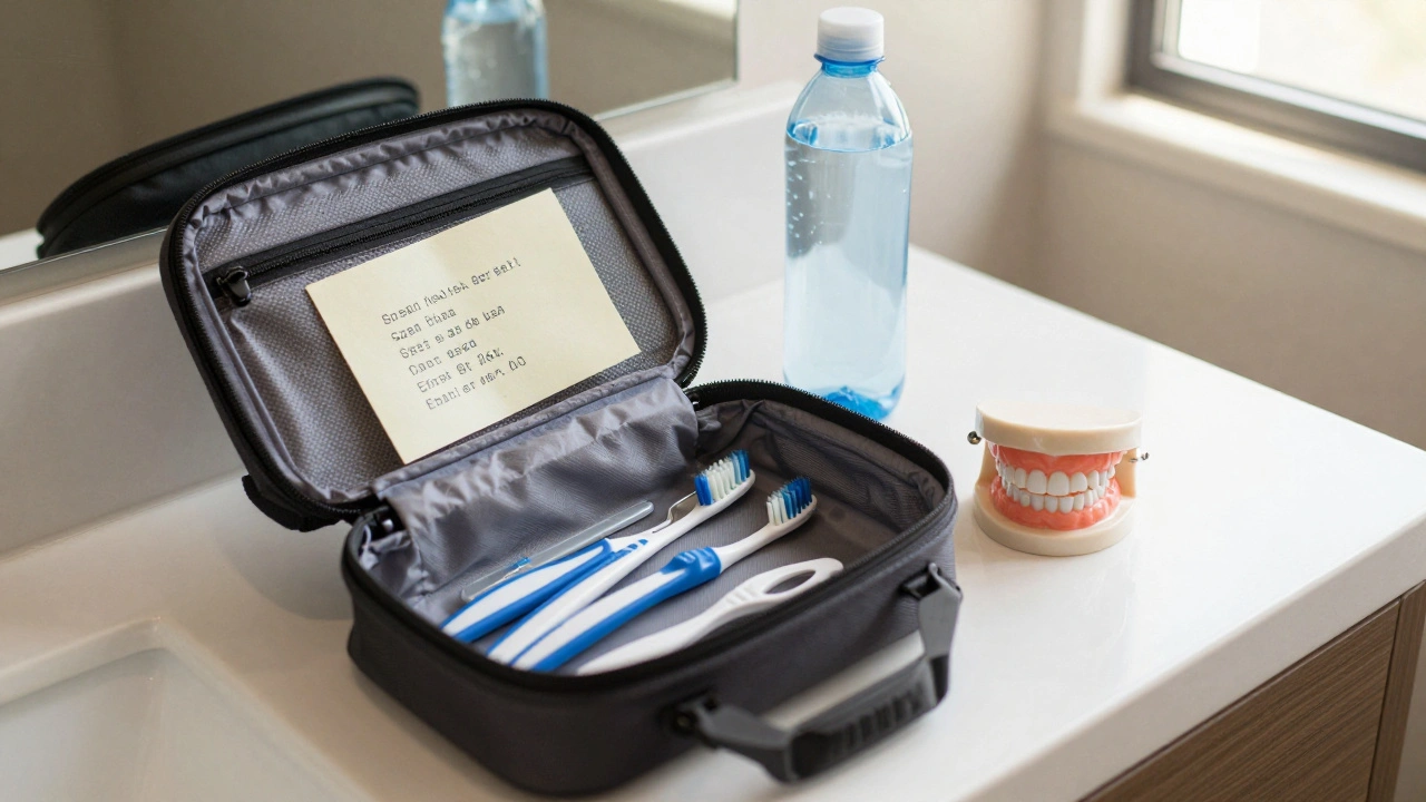Malá cestovní taška s zubní kartáčkem, mezizubní kartáčky a vodou pro péči o rovnátka.