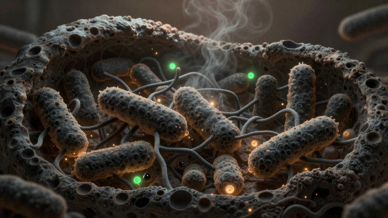 Mikroskopické bakterie uvolňující pachové látky z černého kameně