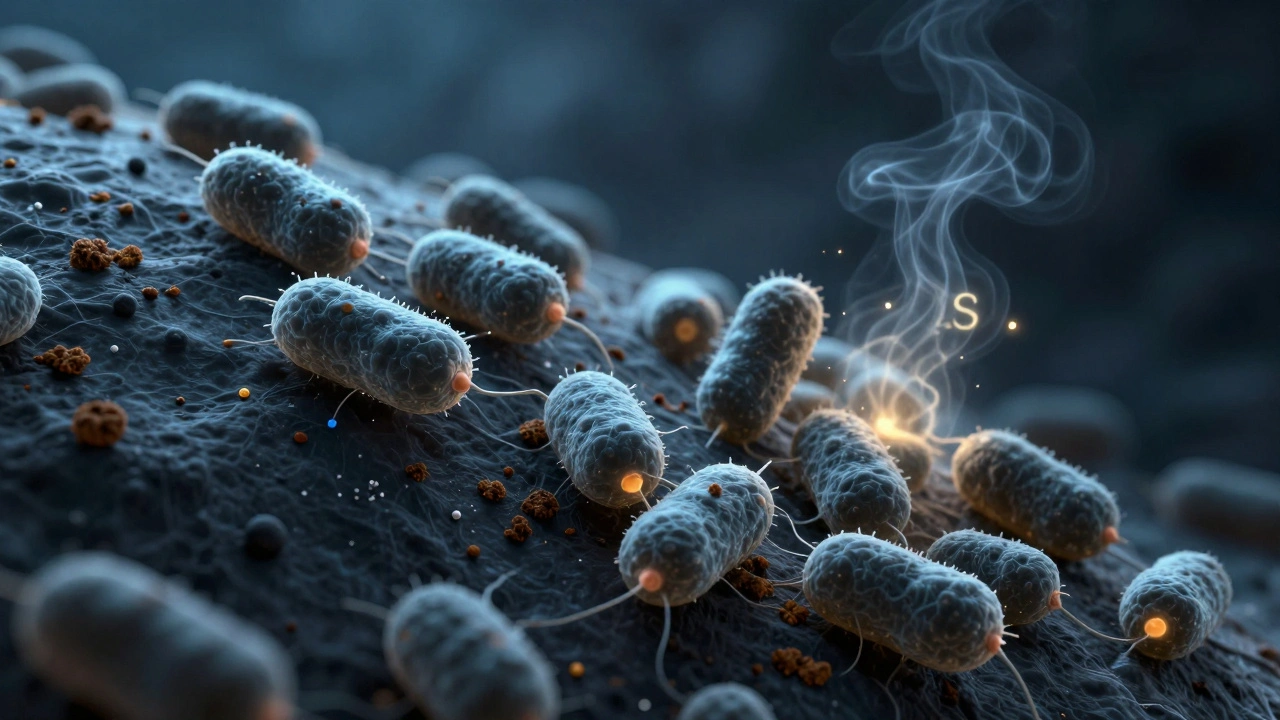 Mikroskopický pohled na bakterie a železo v černém zubním kamenu s vydáváním pachových látek.