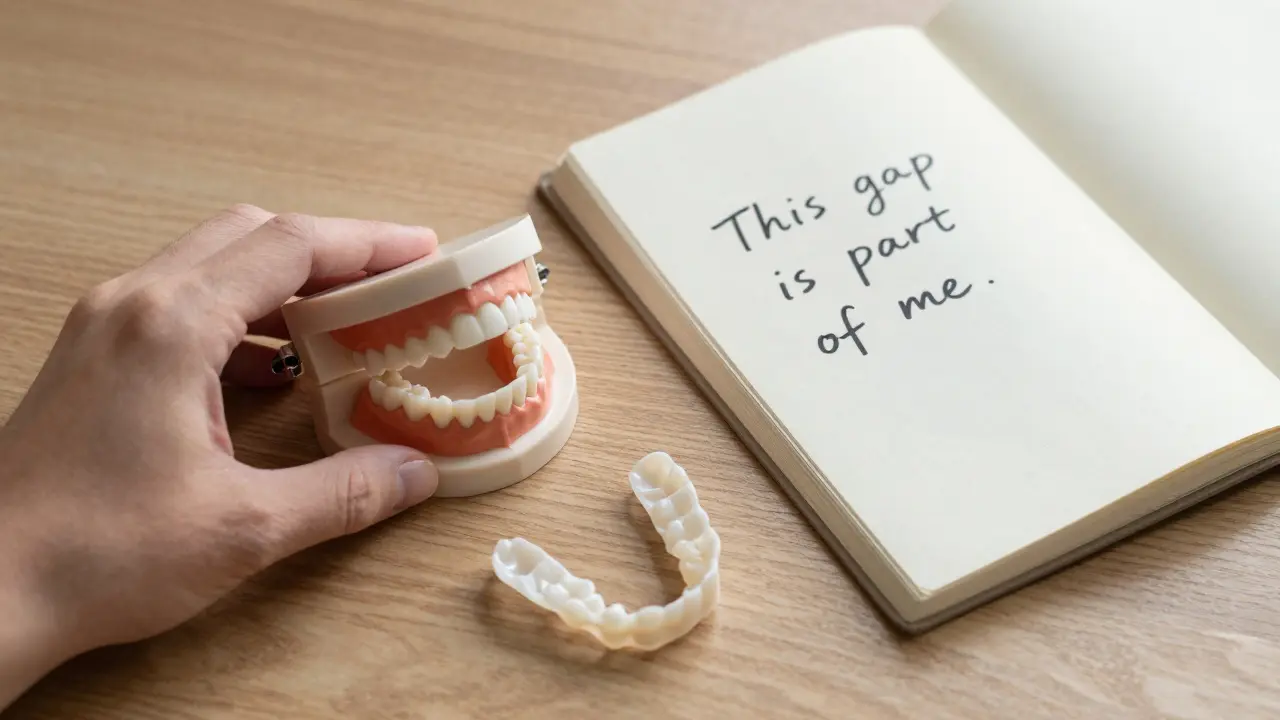 Na stole leží zubní model s mezerou a různé dentální řešení, vedle noty.