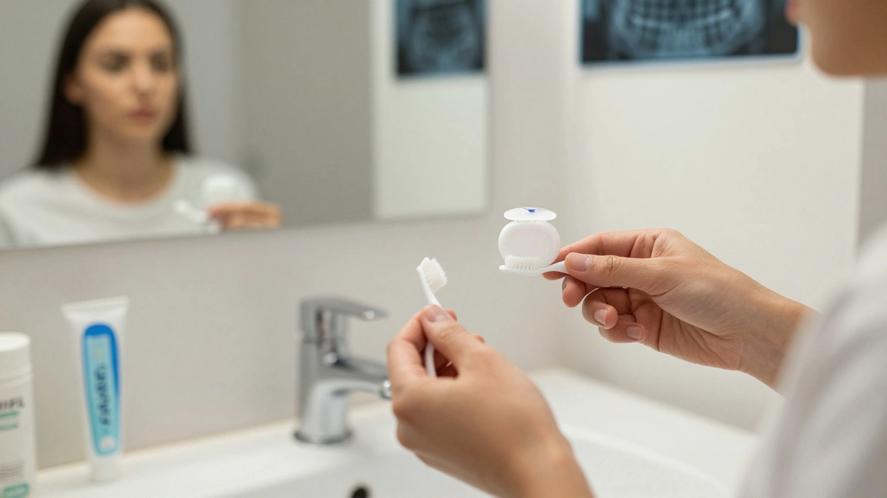Osoba používající mezizubní kartáček a nitě pro prevenci kazu.