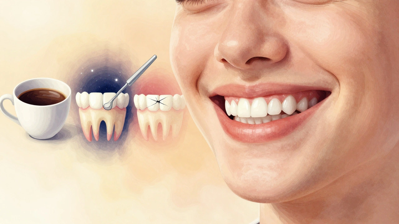 Osoba se smíchem s krásnými předními zuby, symbolizující dlouhodobou estetiku kompozitních plomb.