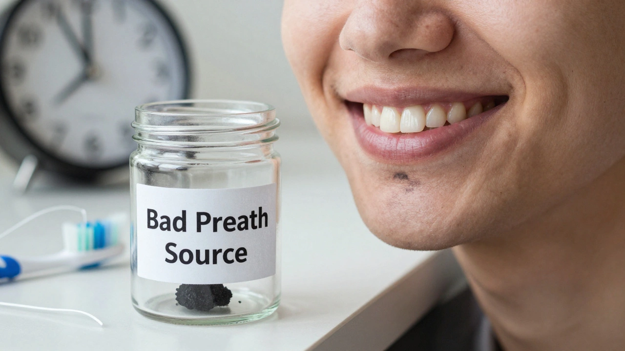 Osoba se zářivým úsměvem, ale s viditelnými tmavými skvrnami na zubech