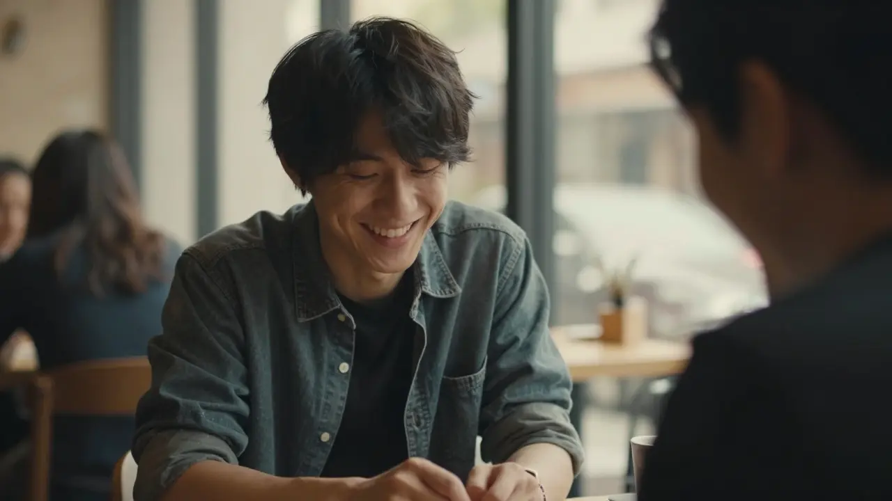 Osoba směje se s přítelem v kavárně, ale oči má skloněné dolů.