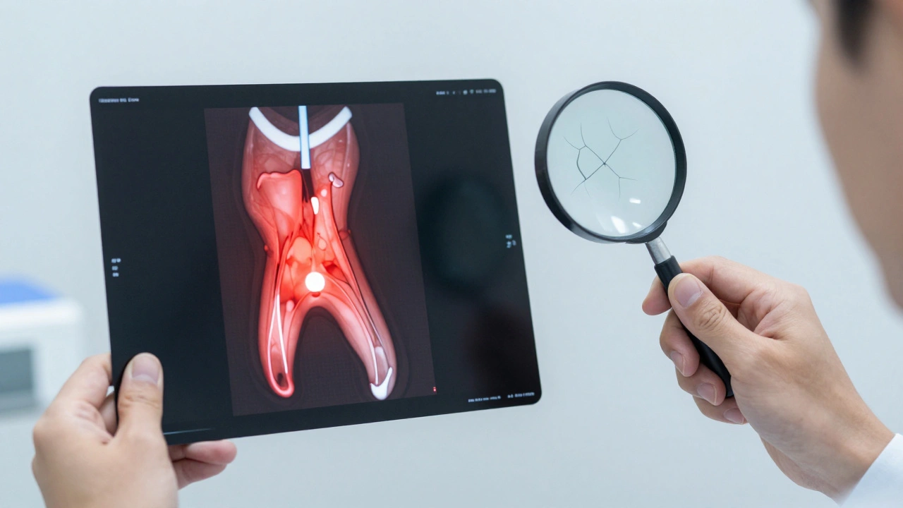 Pacient s 3D rentgenem zobrazujícím prasklinu v kořeni zubu.