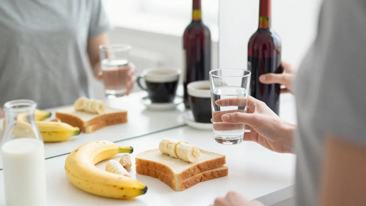Person holding water after whitening, with white foods and avoided drinks nearby.