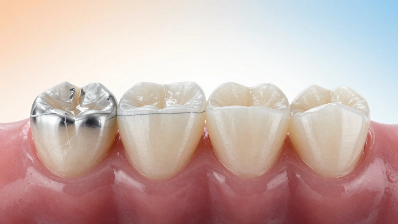 Porovnání metalokeramické a zirkoniové korunky na zadním zubu.