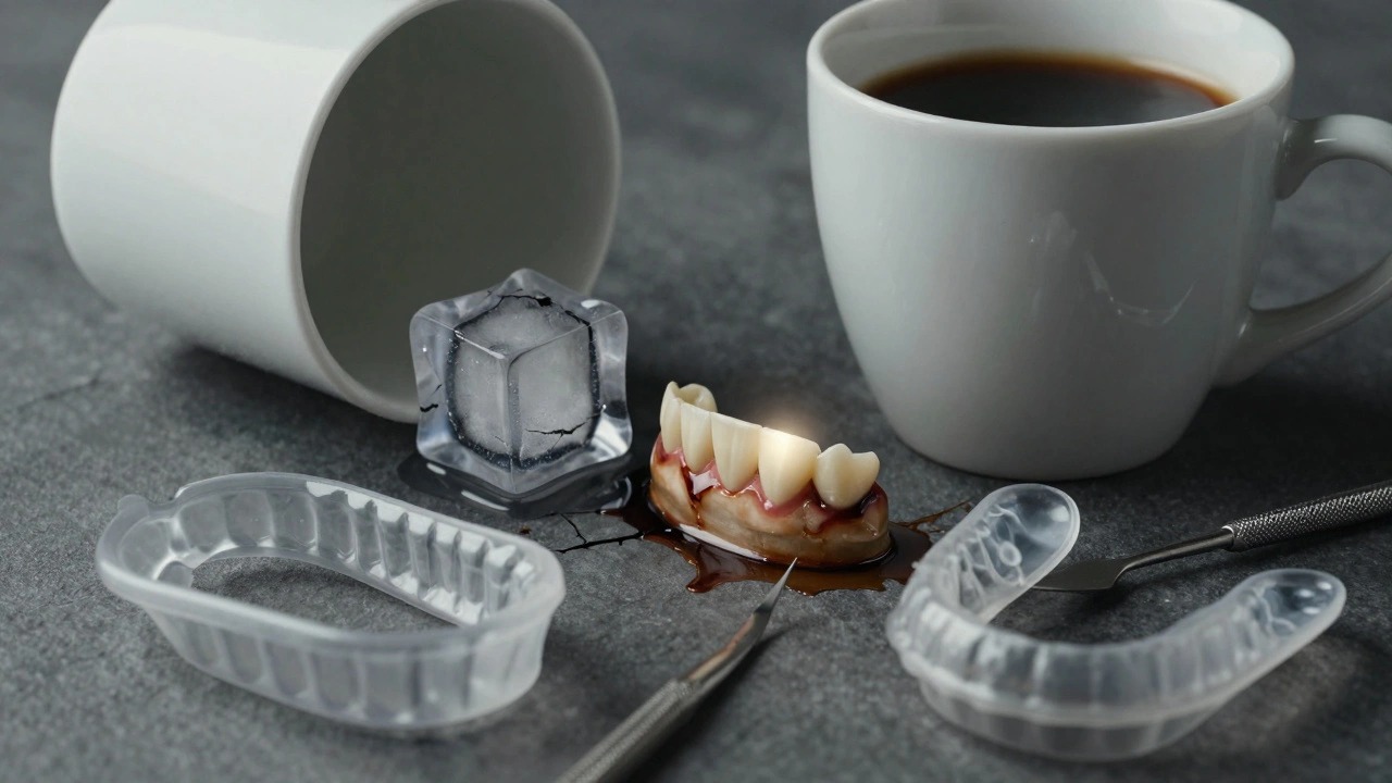 Poškozená fazeta s tmavými skvrnami a kousnutím ledu, symbolizující následky zanedbání.