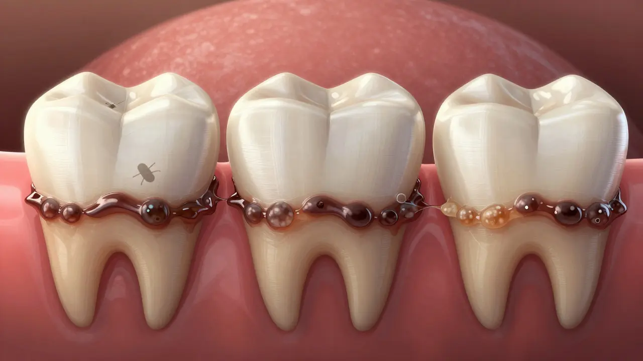 Postupné tvorbě zubního kamene z plaku na povrchu zubu.