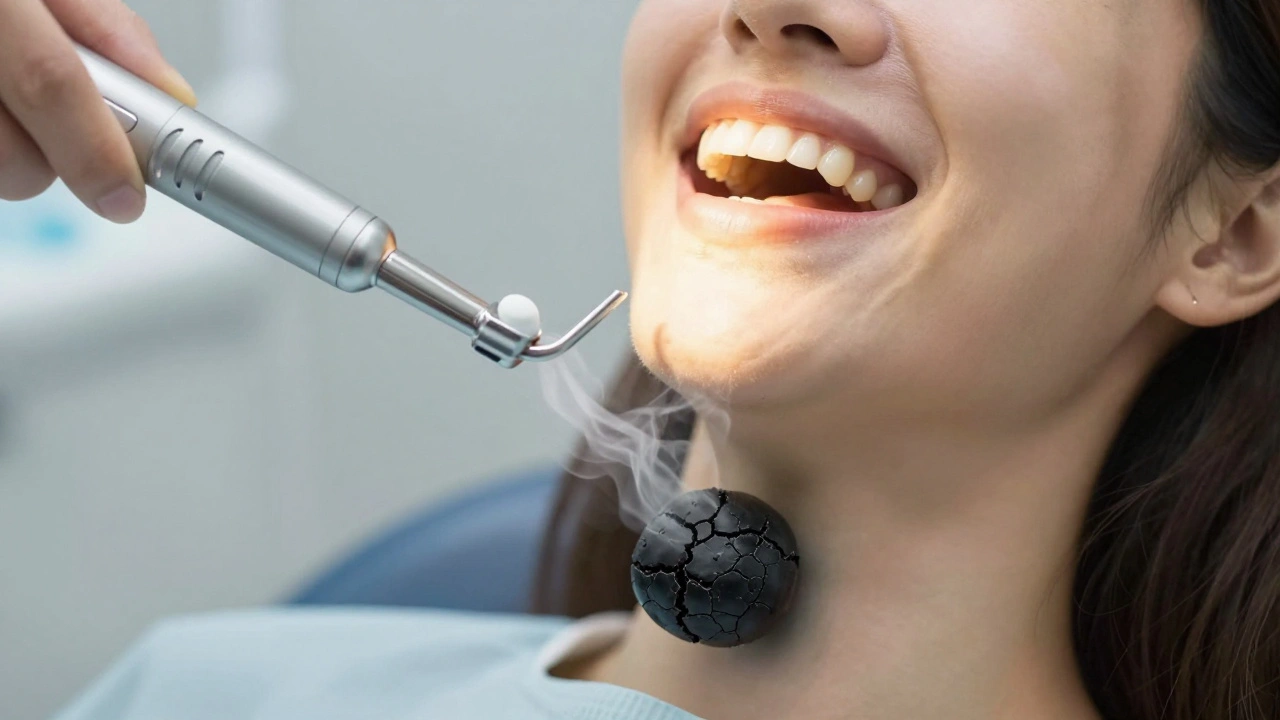 Přechod od černého zubního kamene k čistému dechu při profesionálním čištění.