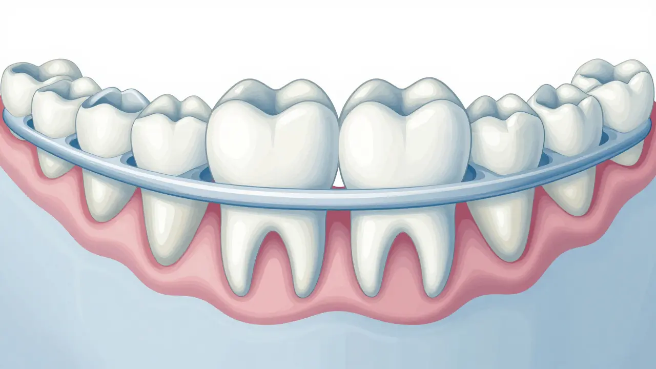 Přehled dětské čelisti s prostorovým udržovacím zařízením a prořezávajícím trvalým zubem.