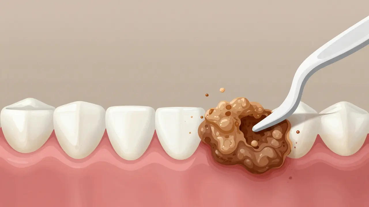 Přeměna měkkého plaku na tvrdý zubní kámen s kartáčkem odstraňujícím plak.